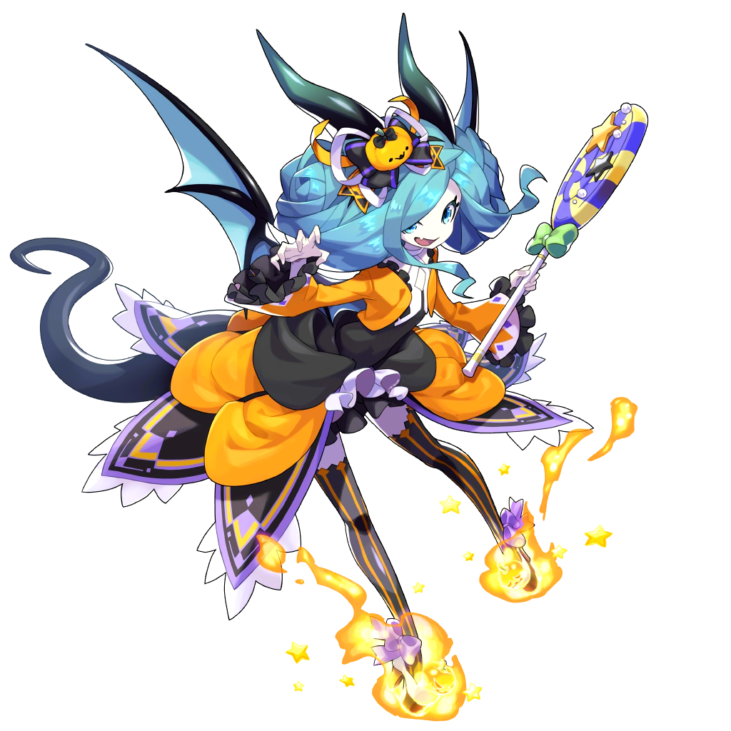 bat_wings dragalia_lost dress fang fire food_themed_hair_ornament hair_ornament hairstyle_request halloween_costume holding horns non-web_source official_art pumpkin_hair_ornament silke_(dragalia_lost) tail thigh-highs wide_sleeves wings