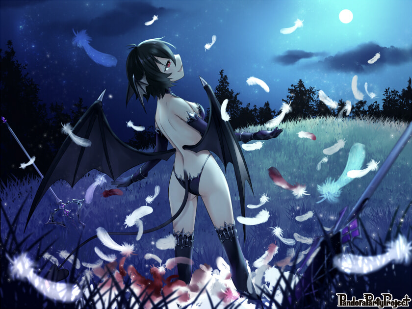 1girl ass bare_shoulders black_gloves black_legwear black_panties blue_sky breasts feathers gloves grass head_wings looking_up medium_breasts midori_(m_ryokutya) moon night night_sky outdoors pandora_party_project panties planted_weapon polearm red_eyes short_hair sky smile solo spear standing tail tree trident underwear weapon wings