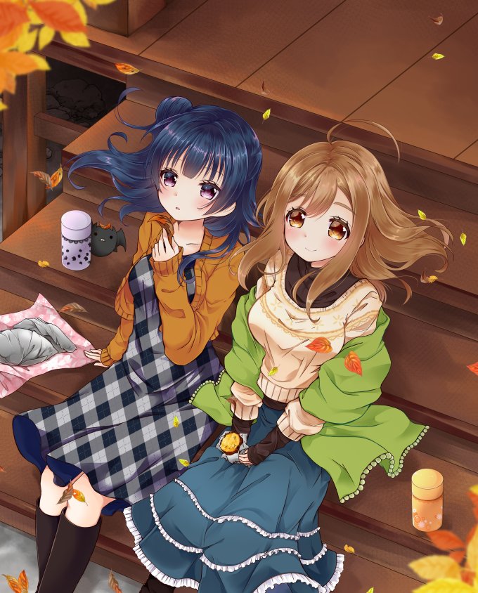 2girls autumn_leaves bangs black_footwear black_shirt blue_capelet blue_hair blue_skirt blush boots brown_cardigan brown_eyes brown_hair capelet cover cover_page demon doujin_cover dress food furoshiki hands_on_lap holding holding_food holding_leaf knee_boots kunikida_hanamaru layered_skirt leaf love_live! love_live!_sunshine!! mikimo_nezumi multiple_girls parted_lips plaid plaid_dress porch shirt side_bun sitting sitting_on_stairs skirt smile stairs sweater sweet_potato textless thermos tsushima_yoshiko violet_eyes white_sweater yakiimo