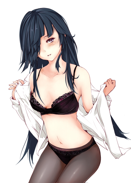 1girl bangs bare_shoulders black_bra black_panties blush bra breasts brown_eyes brown_legwear collarbone commentary_request dress_shirt hair_over_one_eye hayashimo_(kantai_collection) head_tilt kantai_collection long_hair long_sleeves looking_at_viewer navel off_shoulder panties panties_under_pantyhose pantyhose parted_lips rizzl shirt simple_background sitting small_breasts solo underwear very_long_hair white_background white_shirt