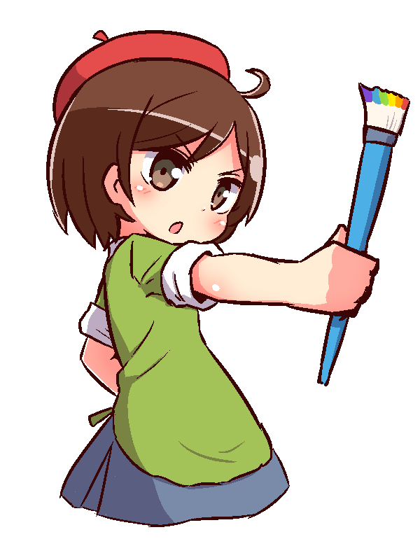 1girl :o adeleine bangs beret blue_skirt blush brown_eyes brown_hair cropped_torso eyebrows_visible_through_hair forehead green_shirt hat head_tilt holding holding_paintbrush kirby_(series) kirby_64 naga_u nintendo outstretched_arm paintbrush parted_bangs parted_lips pleated_skirt red_hat shirt short_hair short_sleeves simple_background skirt solo ueno-san_wa_bukiyou v-shaped_eyebrows white_background