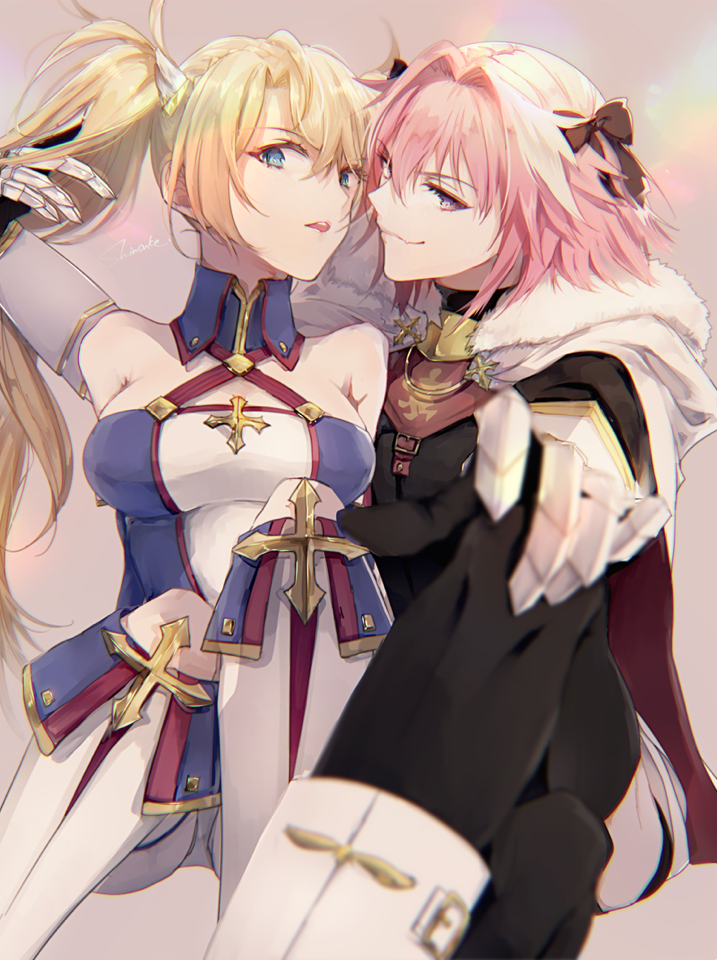 1boy 1girl astolfo_(fate) bangs black_bow black_ribbon blonde_hair blue_eyes boots bow bradamante_(fate/grand_order) breasts cloak closed_mouth commentary elbow_gloves fate/grand_order fate_(series) fur_trim gauntlets gloves hair_intakes hair_ribbon hand_in_hair hand_on_own_knee legs_crossed long_hair looking_at_viewer medium_breasts multicolored_hair open_mouth pink_hair ribbon shinsukeja signature smile streaked_hair twintails very_long_hair violet_eyes