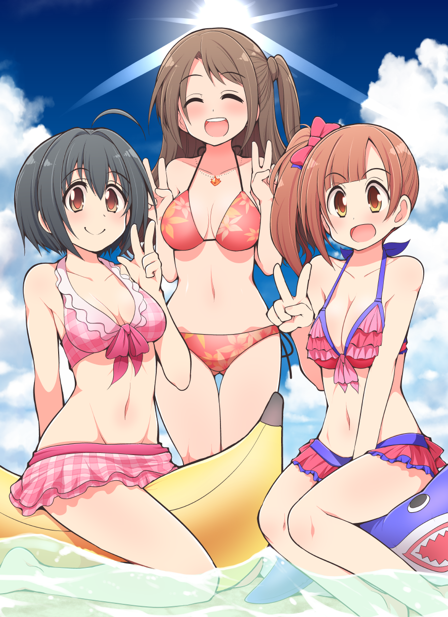 3girls :d ^_^ ahoge ass bangs bare_shoulders beach bikini bikini_skirt black_hair blue_sky blush bow breasts brown_eyes brown_hair celebi_ryousangata checkered checkered_bikini cleavage closed_eyes closed_eyes clouds collarbone day double_v eyebrows_visible_through_hair floral_print frilled_bikini frills front-tie_bikini front-tie_top hair_bow half_updo halter_top halterneck highres idolmaster idolmaster_cinderella_girls igarashi_kyouko inflatable_shark inflatable_toy jewelry kohinata_miho long_hair looking_at_viewer medium_breasts multiple_girls navel necklace one_side_up open_mouth outdoors pink_bikini red_bikini shimamura_uzuki short_hair side-tie_bikini side_ponytail sitting sky smile standing sun swimsuit v water
