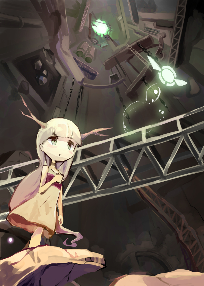 1girl antlers dress glowing green_eyes horns hotaru_(htol#niq) htol#niq:_hotaru_no_nikki industrial kuroneko_no_toorimichi ladder long_hair mion_(htol#niq) open_mouth ruins sleeveless sleeveless_dress standing very_long_hair white_hair