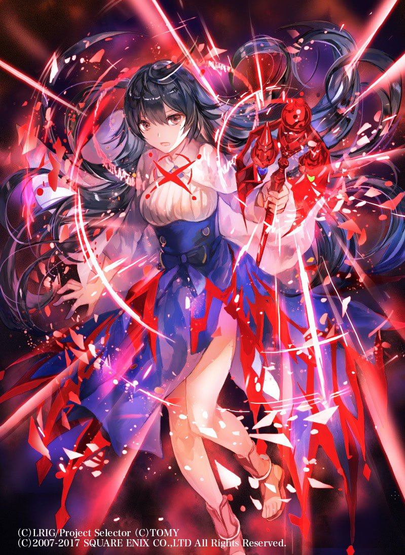 1girl :o ahoge bangs bare_legs black_hair blue_skirt breasts capelet floating_hair full_body hair_between_eyes holding holding_staff large_breasts light_particles long_hair long_skirt long_sleeves looking_at_viewer magic mole mole_under_eye open_mouth red_eyes rioka_(southern_blue_sky) runes shirt side_slit skirt slippers solo staff underbust watermark white_capelet white_shirt wixoss