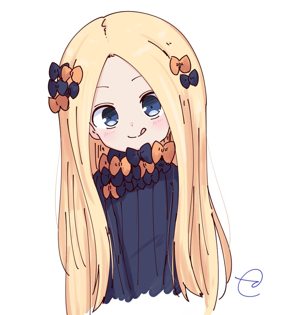 1girl :q abigail_williams_(fate/grand_order) bangs black_bow black_dress blonde_hair blue_eyes blush bow closed_mouth commentary_request cropped_torso dress fate/grand_order fate_(series) forehead hair_bow head_tilt kujou_karasuma long_hair long_sleeves no_hat no_headwear orange_bow parted_bangs simple_background sleeves_past_fingers sleeves_past_wrists smile solo tongue tongue_out very_long_hair white_background