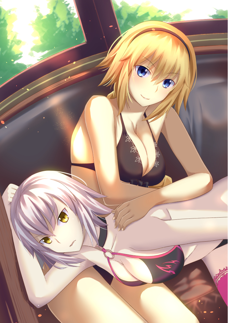 2girls bikini black_bikini black_hairband blonde_hair blue_eyes breasts cleavage commentary_request couch fate/grand_order fate_(series) hairband head_tiltl inaroinaroi jeanne_d'arc_(alter_swimsuit_berserker) jeanne_d'arc_(fate)_(all) jeanne_d'arc_(swimsuit_archer) large_breasts light_blush long_hair looking_at_viewer lying_on_lap multiple_girls o-ring o-ring_bikini o-ring_top pale_skin short_hair silver_hair sitting smile swimsuit thigh-highs yellow_eyes