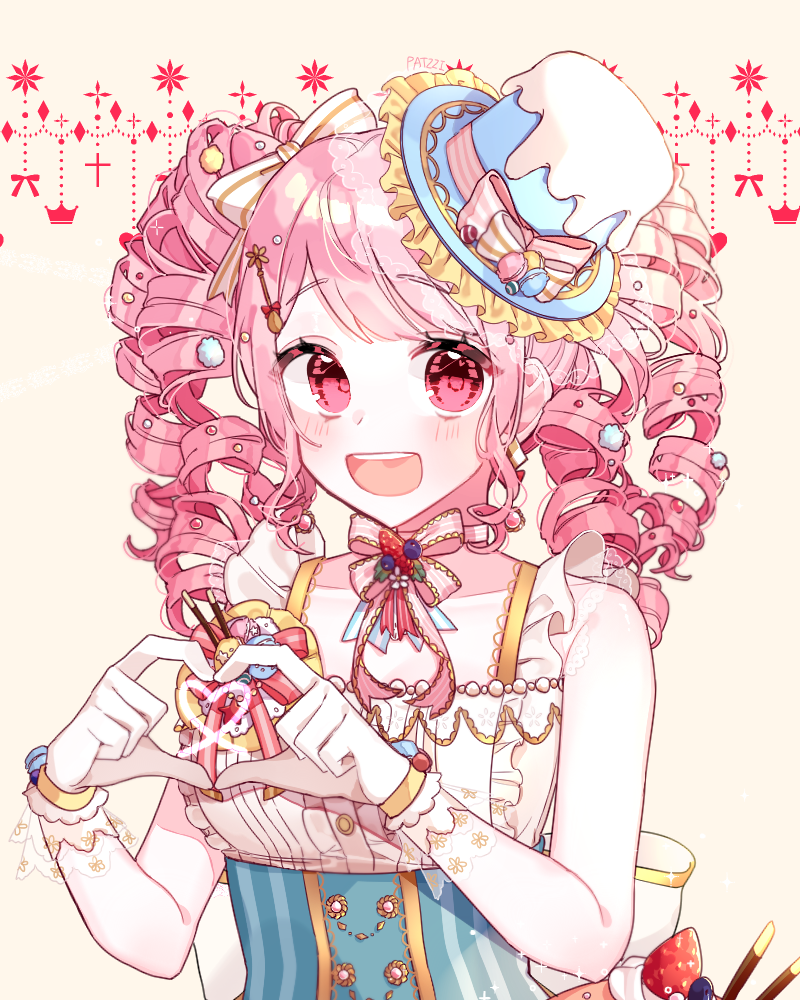 1girl :d alternate_hairstyle artist_name bang_dream! bangs blue_hat blueberry bow commentary_request corset drill_hair earrings food frilled_hat frills fruit hair_bow hair_ornament hat hat_bow hat_ornament heart heart_hands jewelry looking_at_viewer macaron maruyama_aya neck_ribbon open_mouth patzzi pink_eyes pink_hair pink_ribbon ribbon sleeveless smile solo strawberry striped striped_bow striped_neckwear tan_background top_hat upper_body wrist_cuffs