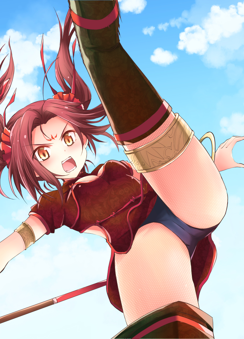 1girl black_legwear black_panties brown_eyes brown_hair china_dress chinese_clothes cleavage_cutout day dress facial_mark fate/grand_order fate_(series) forehead_mark kicking nezha_(fate/grand_order) panties pantyshot sky suichuu_hanabi twintails underwear