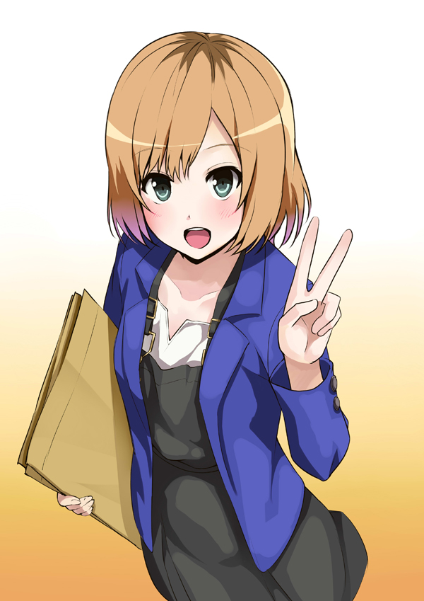 1girl :d blue_jacket blush brown_hair collarbone gradient gradient_background green_eyes holding huyumitsu jacket looking_at_viewer miyamori_aoi open_clothes open_jacket open_mouth overalls shiny shiny_hair shirobako short_hair smile solo standing v