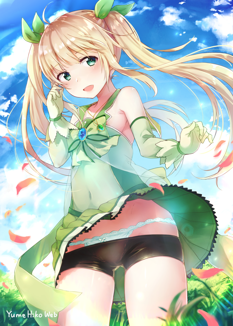 1girl :d ahoge bangs black_shorts blonde_hair blue_sky blush bow bowtie brooch clouds cloudy_sky commentary_request covered_navel cowboy_shot day elbow_gloves eyebrows_visible_through_hair fujihan_(osamuraifuji) gloves grass green_eyes green_gloves green_neckwear green_ribbon green_shirt green_skirt hair_ribbon hand_up jewelry lace lace-trimmed_panties leaves_in_wind legs_apart long_hair looking_at_viewer miniskirt necklace open_mouth original outdoors panties pleated_skirt ribbon see-through shirt short_shorts shorts shorts_under_skirt sidelocks skirt sky sleeveless sleeveless_shirt smile solo standing twintails underwear white_panties wind wind_lift yumehiko