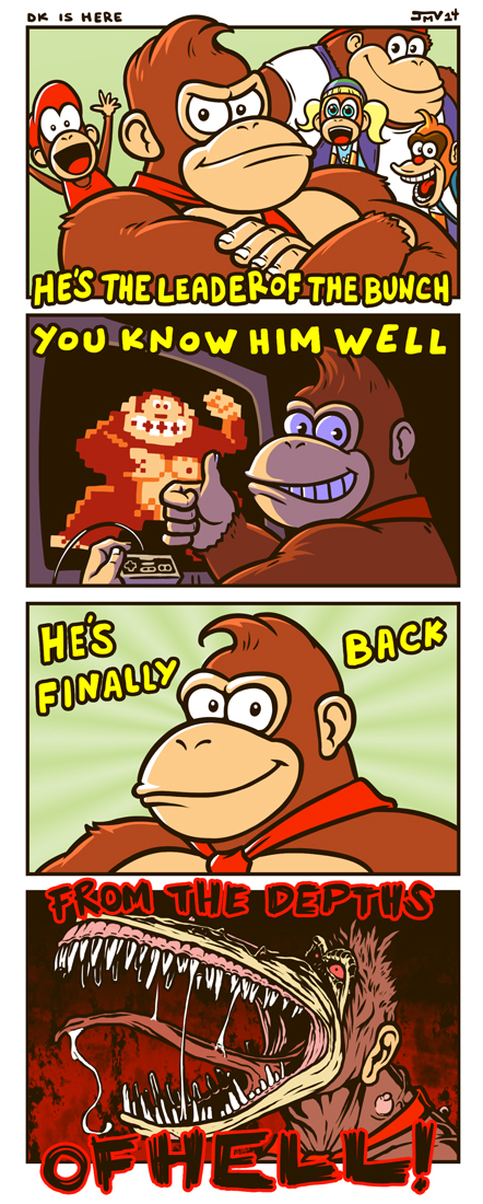 1girl 4boys 4koma :d animal blonde_hair character_request closed_mouth comic commentary controller diddy_kong dixie_kong donkey_kong donkey_kong_(series) english english_commentary game_controller grin holding horror_(theme) kaigetsudo lanky_kong long_tongue looking_at_viewer looking_back multiple_boys nintendo open_mouth pixelated red_sclera saliva sharp_teeth smile teeth television thumbs_up tongue twintails