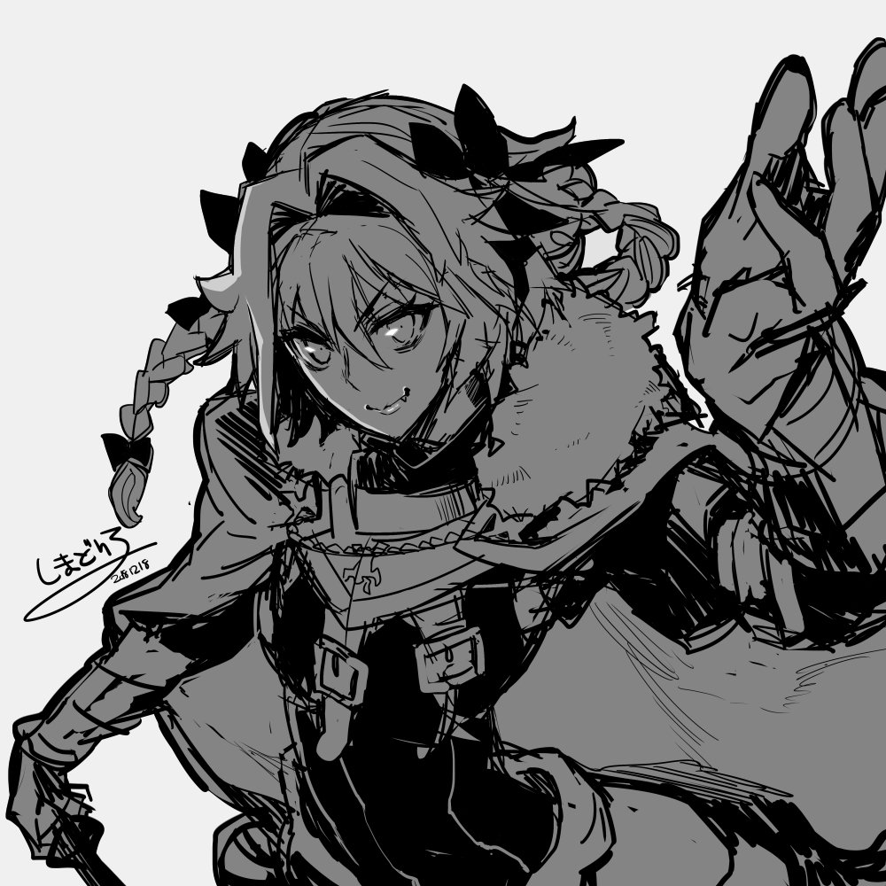 1boy armor astolfo_(fate) black_bow bow braid cloak commentary_request dated fang fate/apocrypha fate_(series) fur_trim gauntlets greyscale hair_intakes hair_ribbon long_braid looking_at_viewer male_focus monochrome otoko_no_ko ribbon signature simadoriru simple_background single_braid sketch solo