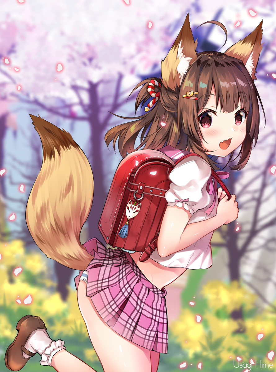 1girl :d animal_ear_fluff animal_ears artist_name backpack bag bangs blurry blurry_background blush brown_footwear brown_hair commentary_request day eyebrows_visible_through_hair fang fox_ears fox_tail frilled_legwear from_side highres long_hair no_pupils open_mouth original outdoors panties petals pink_sailor_collar pink_skirt pleated_skirt puffy_short_sleeves puffy_sleeves randoseru sailor_collar school_uniform serafuku shiny shiny_hair shirt shoes short_sleeves skirt skirt_lift smile socks solo standing standing_on_one_leg striped striped_panties tail tail_lift tree underwear usagihime violet_eyes white_legwear white_shirt