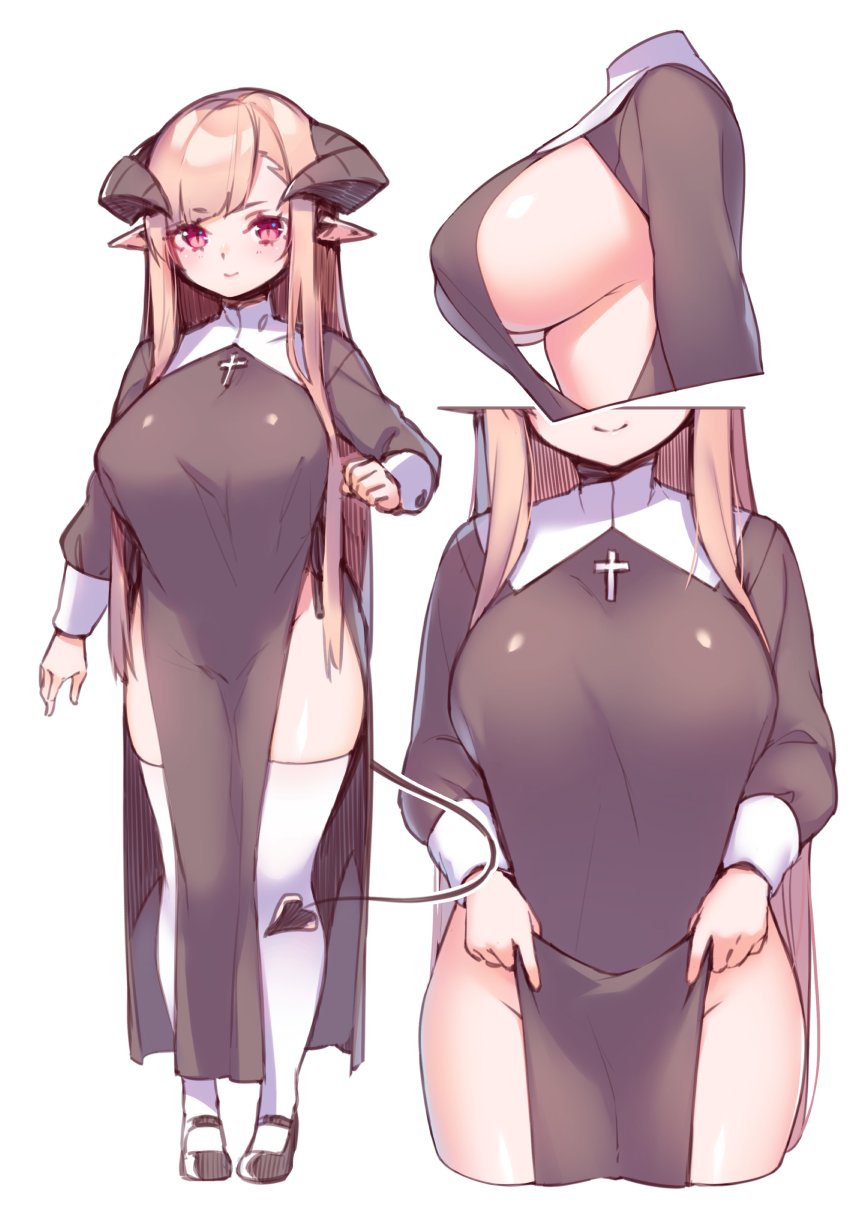 1girl bangs breasts brown_hair closed_mouth cross crucifix eyebrows_visible_through_hair habit highres horns hsuliherng large_breasts long_hair long_sleeves looking_at_viewer nun pink_eyes robe simple_background smile solo standing tail thigh-highs white_background