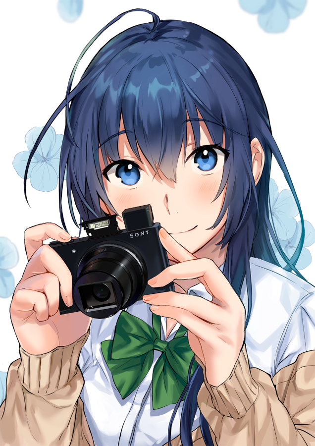 1girl ahoge bangs blue_eyes blue_flower blue_hair blurry blush bow bowtie camera cardigan closed_mouth collared_shirt commentary_request eyebrows_visible_through_hair floral_background flower green_neckwear hair_between_eyes hands_up holding holding_camera long_hair long_sleeves looking_at_viewer off_shoulder original sanpaku school_uniform shirt sidelocks sleeves_past_wrists smile solo tan_(tangent) upper_body white_background white_shirt