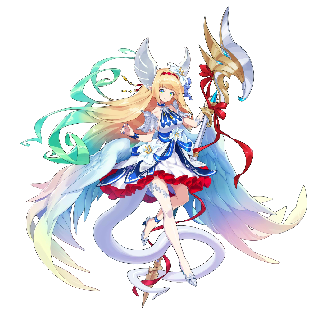 1girl angel_wings artist_request blonde_hair blue_dress blue_eyes detached_sleeves dragalia_lost dress flower full_body gradient_hair high_heels holding holding_weapon jeanne_d'arc_(dragalia_lost) multicolored_hair nail_polish non-web_source official_art shoulder_armor tail thigh-highs weapon wings