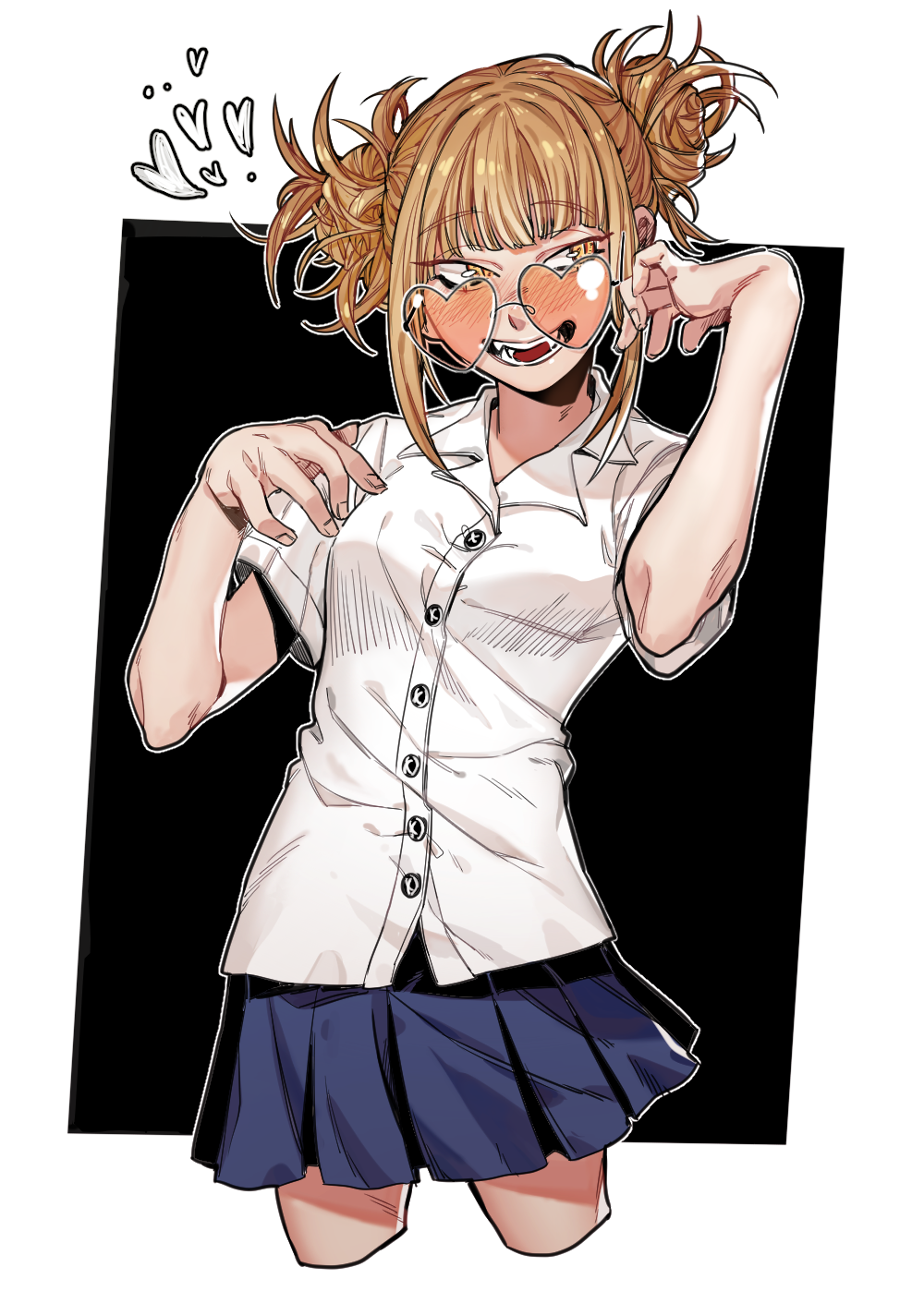 1girl bangs black_background blonde_hair blue_skirt boku_no_hero_academia currypang double_bun fangs glasses heart highres open_mouth pleated_skirt shirt short_hair short_sleeves simple_background skirt smile solo toga_himiko white_shirt yellow_eyes