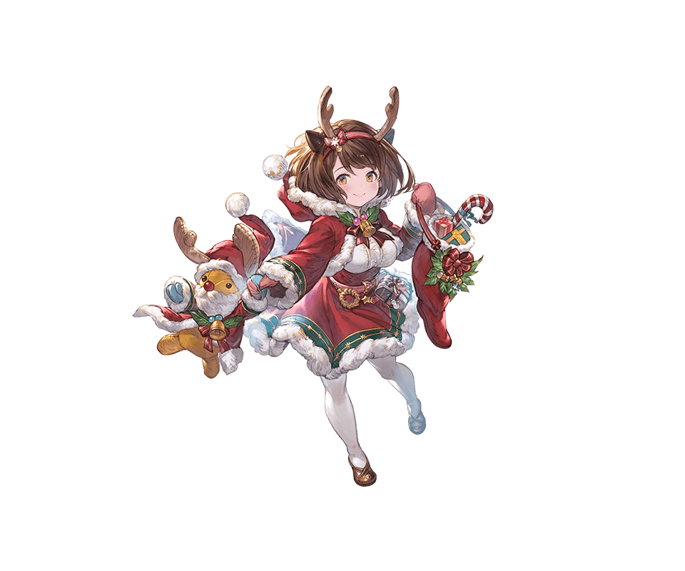 1girl alpha_transparency antlers bangs bell blush box breasts brown_eyes brown_hair candy candy_cane christmas christmas_stocking draph food full_body fur_trim gift gift_box granblue_fantasy hairband hood hood_down hooded_jacket horns jacket large_breasts long_sleeves looking_at_viewer minaba_hideo mittens official_art oppai_loli pantyhose red_hairband red_jacket red_mittens red_skirt reindeer_antlers shirt short_hair skirt smile solo stuffed_toy transparent_background white_legwear white_shirt yaia_(granblue_fantasy)