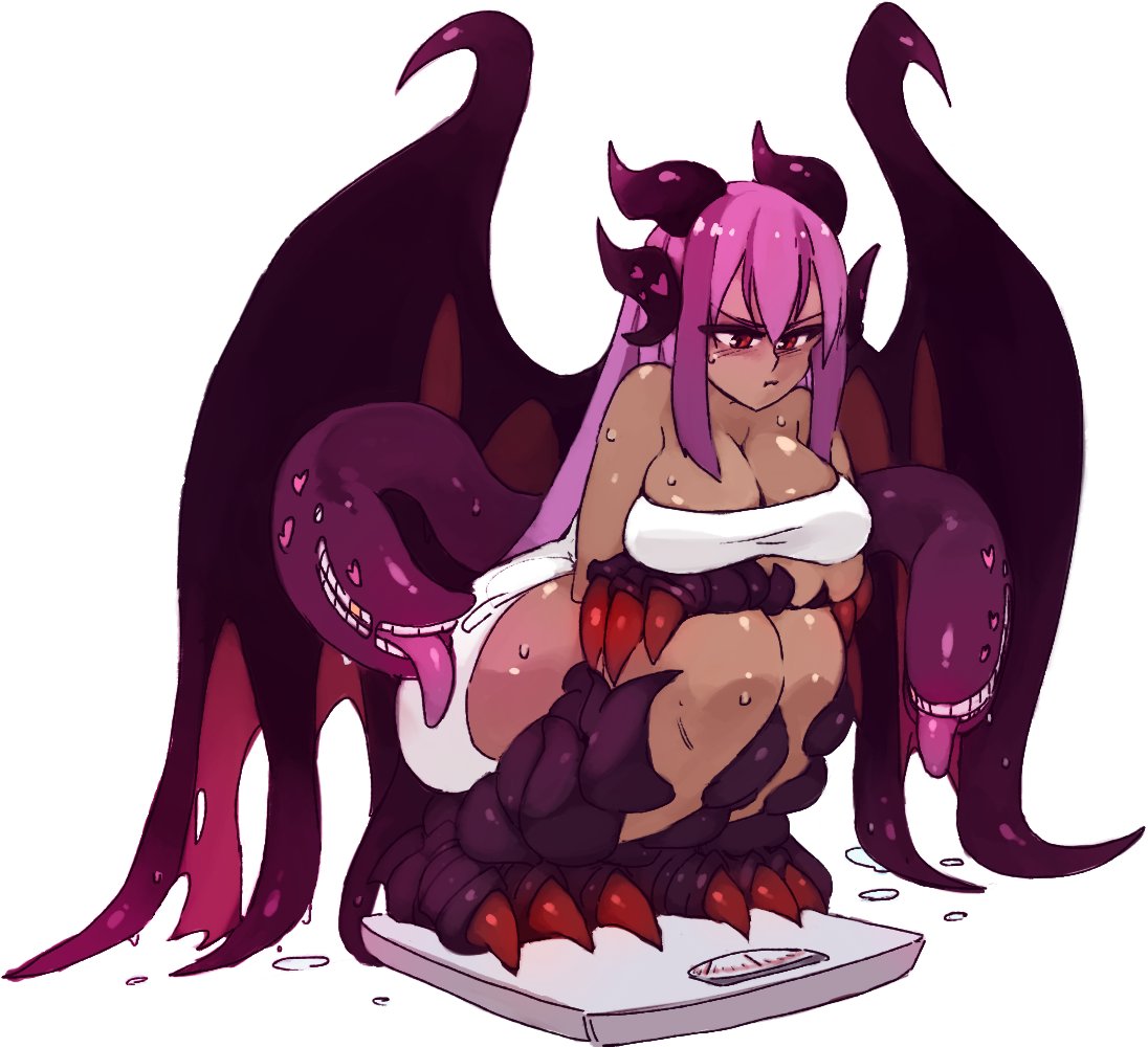 1girl bangs blush breasts claws cleavage closed_mouth commission dark_skin dragon_horns fewer_digits full_body head_fins heart horns jabberwock_(monster_girl_encyclopedia) large_breasts long_hair monster_girl_encyclopedia naked_towel pink_hair pout red_eyes rtil scale simple_background solo squatting sweatdrop tentacle towel weight_conscious white_background wings