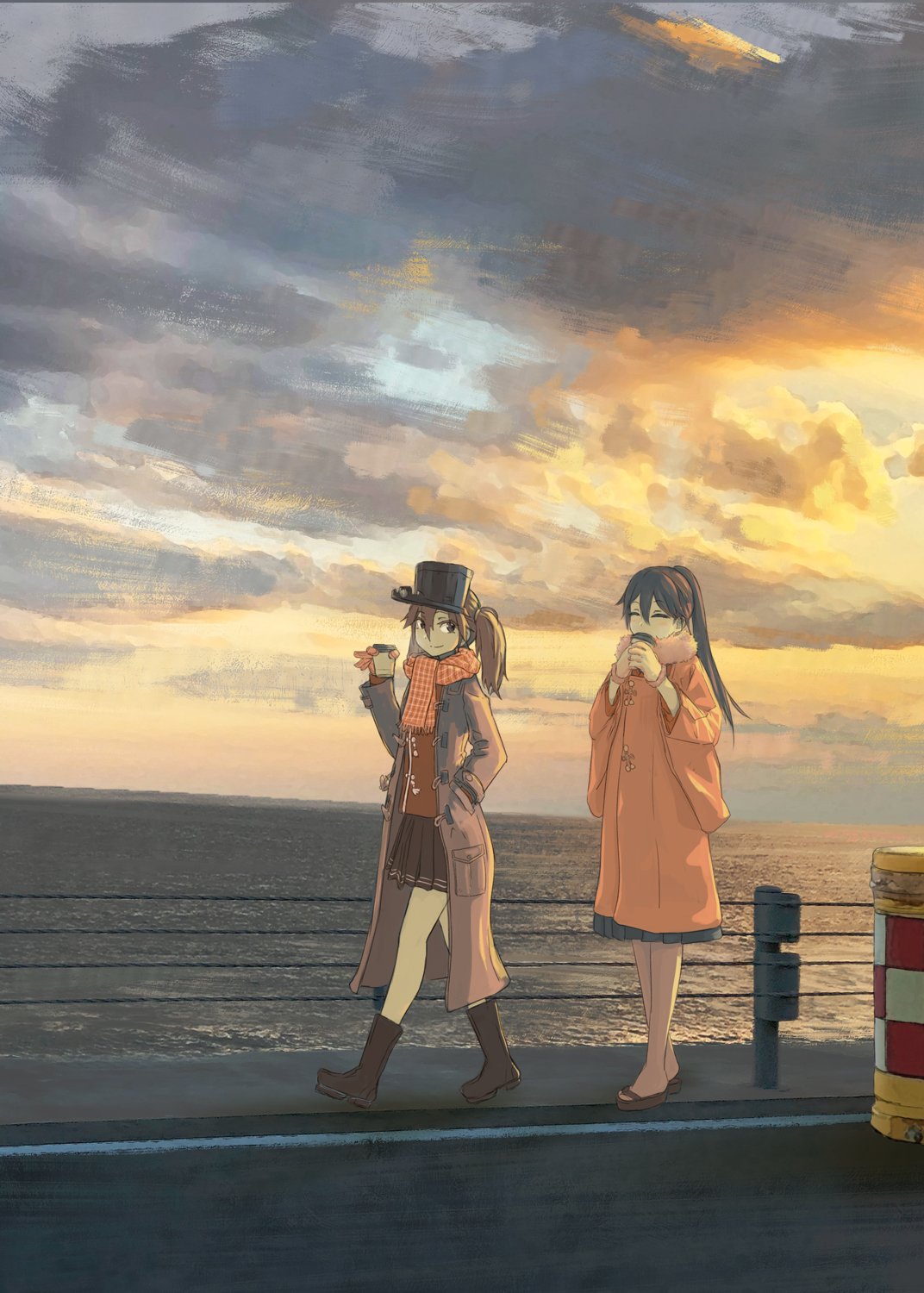 2girls blue_hair boots brown_eyes brown_hair clouds coffee highres houshou_(kantai_collection) japanese_clothes kantai_collection multiple_girls nito_(nshtntr) ocean pier ponytail ryuujou_(kantai_collection) scarf sky trench_coat twintails visor_cap walking