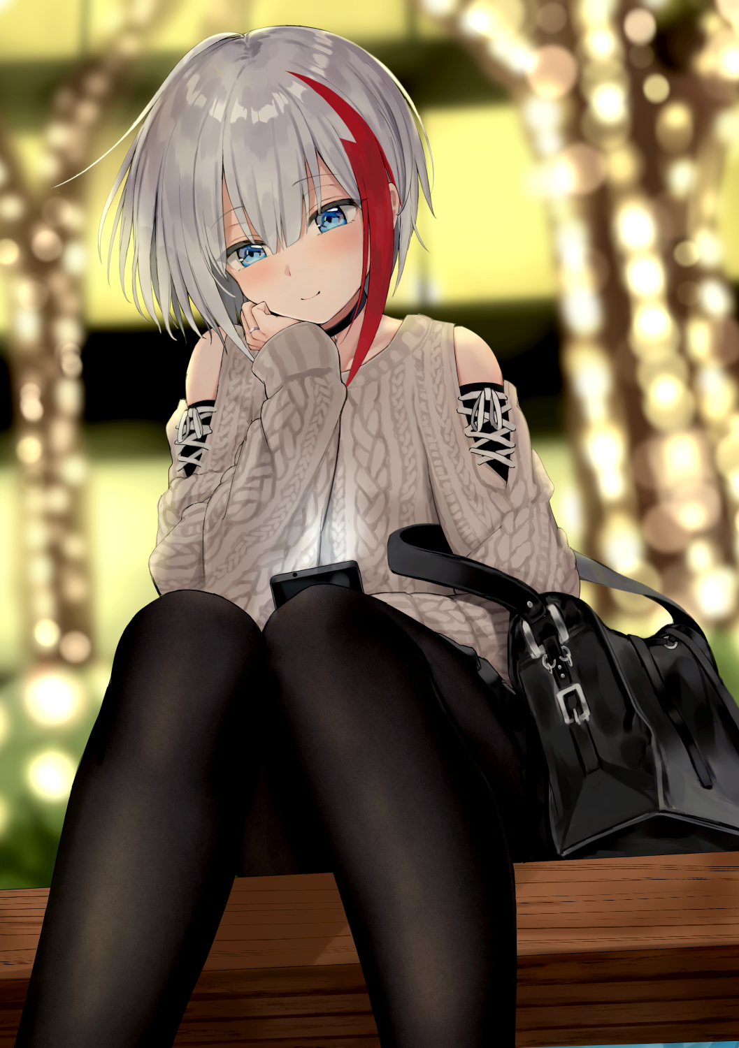 1girl admiral_graf_spee_(azur_lane) aran_sweater azur_lane bag bangs black_choker black_legwear black_skirt blue_eyes blurry blurry_background blush cellphone chin_rest choker christmas christmas_lights closed_mouth commentary_request depth_of_field feet_out_of_frame grey_hair grey_sweater hair_between_eyes head_tilt highres holding holding_phone jewelry kinokorec knees_together_feet_apart light long_sleeves looking_at_viewer miniskirt multicolored_hair pantyhose phone redhead ring short_hair shoulder_bag shoulder_cutout sidelocks sitting skirt sleeves_past_wrists smile solo streaked_hair sweater
