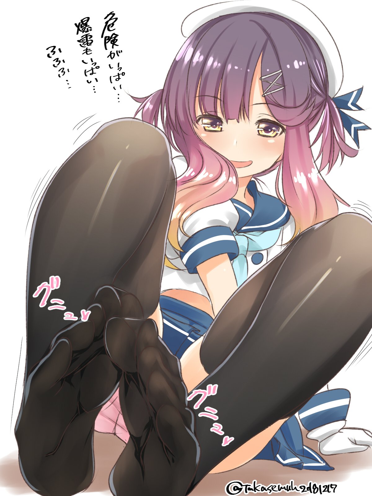 1girl black_legwear blue_neckwear blue_ribbon blue_skirt commentary_request dated gloves gradient_hair hair_ornament hairclip hat highres kantai_collection looking_at_viewer multicolored_hair neckerchief orange_hair panties pink_panties pleated_skirt pov puffy_short_sleeves puffy_sleeves purple_hair ribbon sailor_hat school_uniform serafuku short_hair short_hair_with_long_locks short_sleeves sidelocks sitting skirt solo takase_muu thigh-highs translation_request tsushima_(kantai_collection) twitter_username underwear violet_eyes white_background white_gloves white_hat