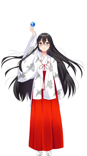 1girl arm_at_side arm_up black_hair copyright_request glasses hakama japanese_clothes long_hair miko misaki_(misaki86) official_art orb red_eyes standing tachi-e transparent_background very_long_hair white_legwear wide_sleeves
