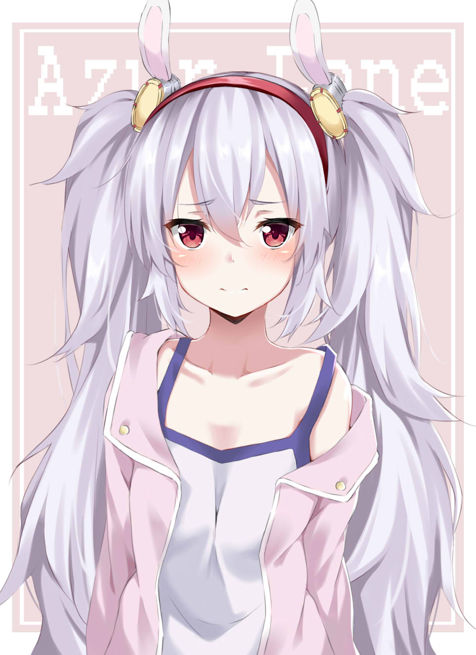 1girl animal_ears azur_lane bangs blush breasts brown_background camisole closed_mouth commentary_request copyright_name eyebrows_visible_through_hair hair_between_eyes hair_ornament hairband highres jacket kohakope laffey_(azur_lane) long_hair off_shoulder open_clothes open_jacket pink_jacket rabbit_ears red_eyes red_hairband silver_hair small_breasts solo twintails two-tone_background upper_body very_long_hair white_background white_camisole