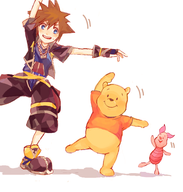 1boy 2others animal arms_up baggy_pants baggy_shorts bear blue_eyes blue_shirt brown_hair chains crown dancing disney eyebrows_visible_through_hair fingerless_gloves gloves grin height_difference jewelry kingdom_hearts kingdom_hearts_ii large_shoes leg_up looking_at_another looking_at_viewer motion_lines necklace outstretched_arm pants pig piglet_(winnie_the_pooh) pooh red_shirt shadow shirt shoes short_hair short_sleeves simple_background smile sora_(kingdom_hearts) spiky_hair square_enix standing standing_on_one_leg striped stuffed_animal stuffed_pig stuffed_toy sweatdrop teddy_bear winnie_the_pooh zipper