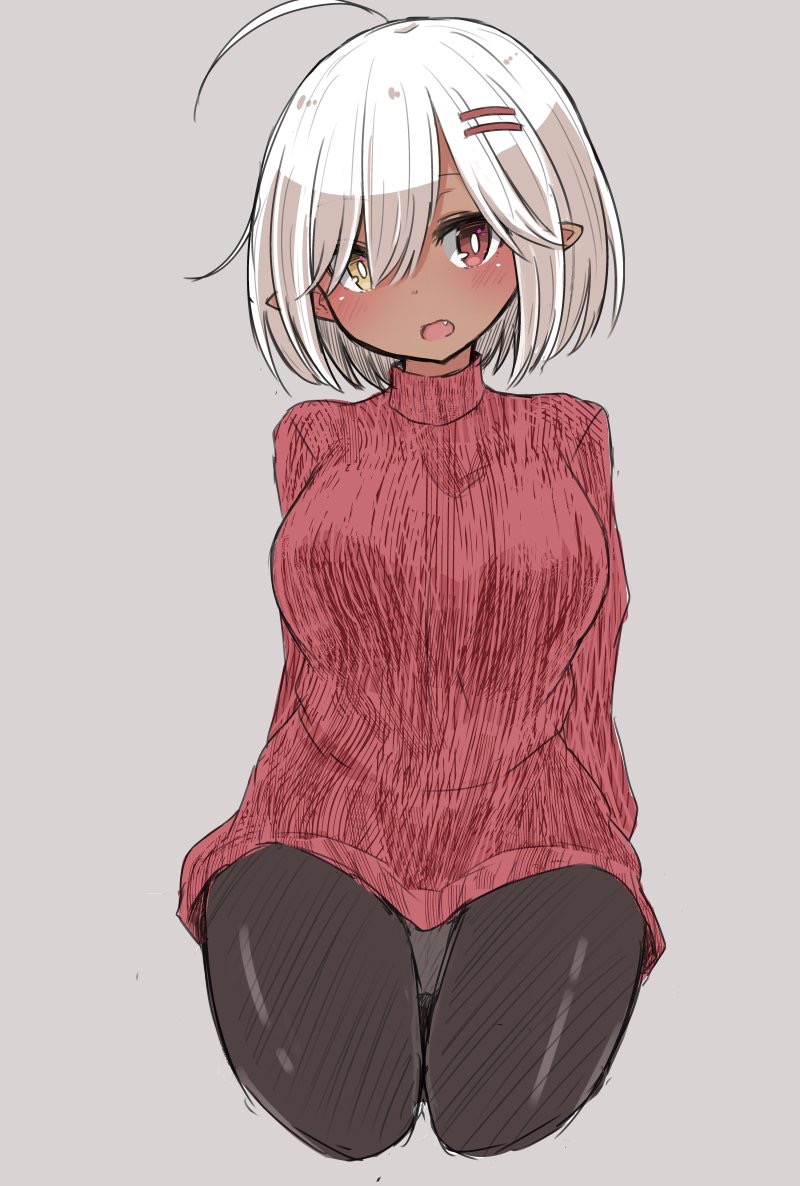 1girl ahoge bangs blush breasts brown_eyes brown_legwear commentary_request cropped_legs dark_skin grey_background hair_ornament hair_over_one_eye hairclip head_tilt heterochromia malice_stella medium_breasts original panties panties_under_pantyhose pantyhose pointy_ears red_eyes red_sweater simple_background solo sweater underwear white_hair