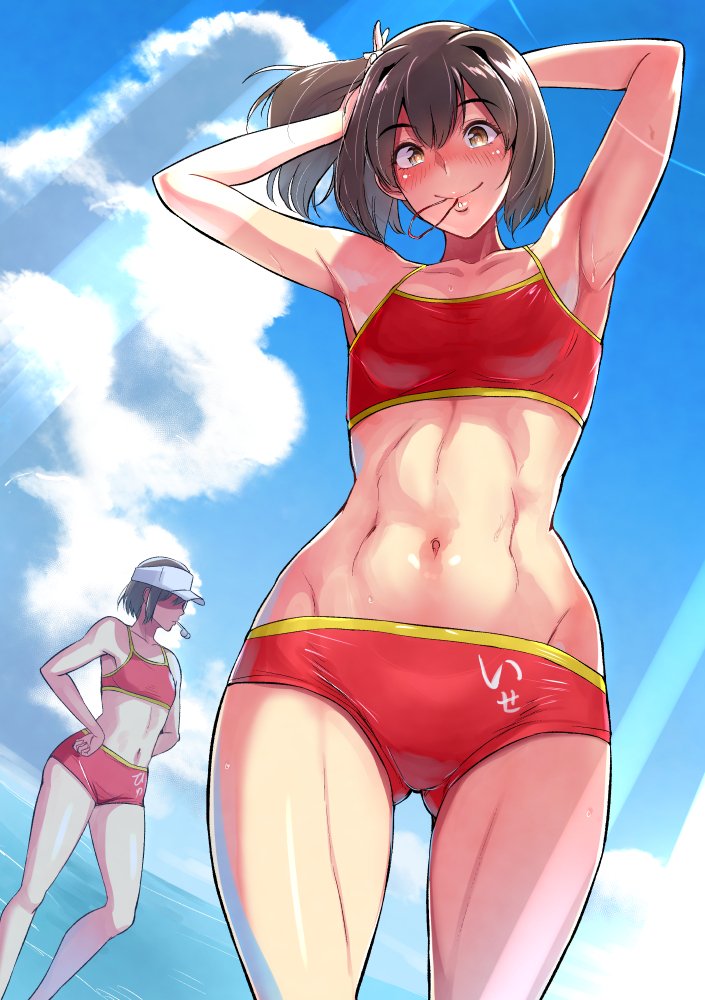 2girls abs armpits bifidus bikini bikini_bottom bikini_top blue_sky breasts brown_eyes brown_hair clouds commentary_request hands_on_hips hyuuga_(kantai_collection) ise_(kantai_collection) kantai_collection mouth_hold multiple_girls navel ocean ponytail shadow short_hair sky smile sunlight swimsuit tan translation_request tying_hair visor