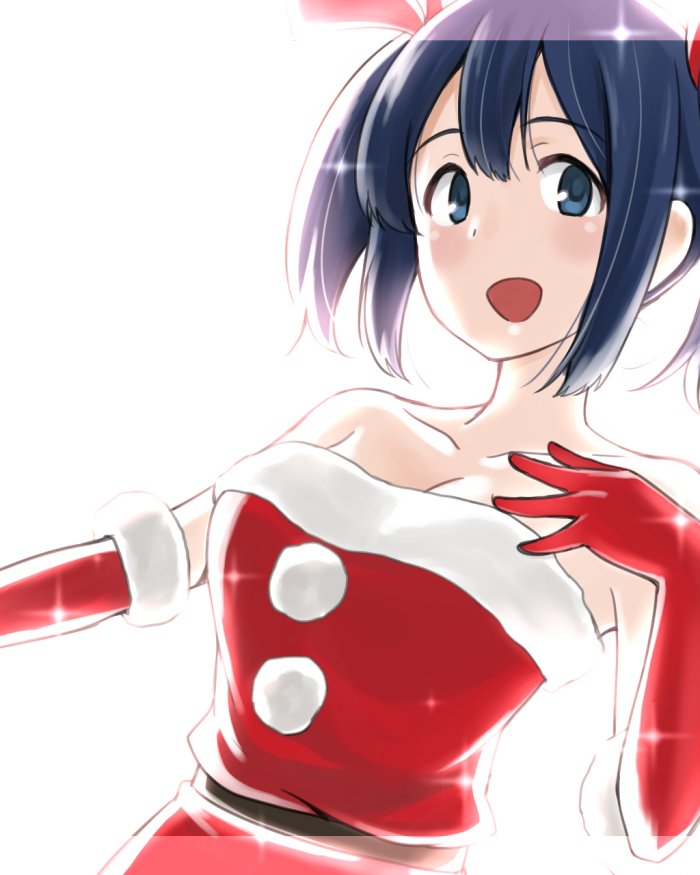 1girl :d bare_shoulders blue_eyes blue_hair bright_background commentary dress elbow_gloves fur-trimmed_dress fur-trimmed_gloves fur_trim gloves hair_ribbon ikari_manatsu kantai_collection long_hair looking_at_viewer open_mouth pom_pom_(clothes) red_gloves ribbon santa_costume santa_gloves smile solo souryuu_(kantai_collection) strapless strapless_dress twintails upper_body