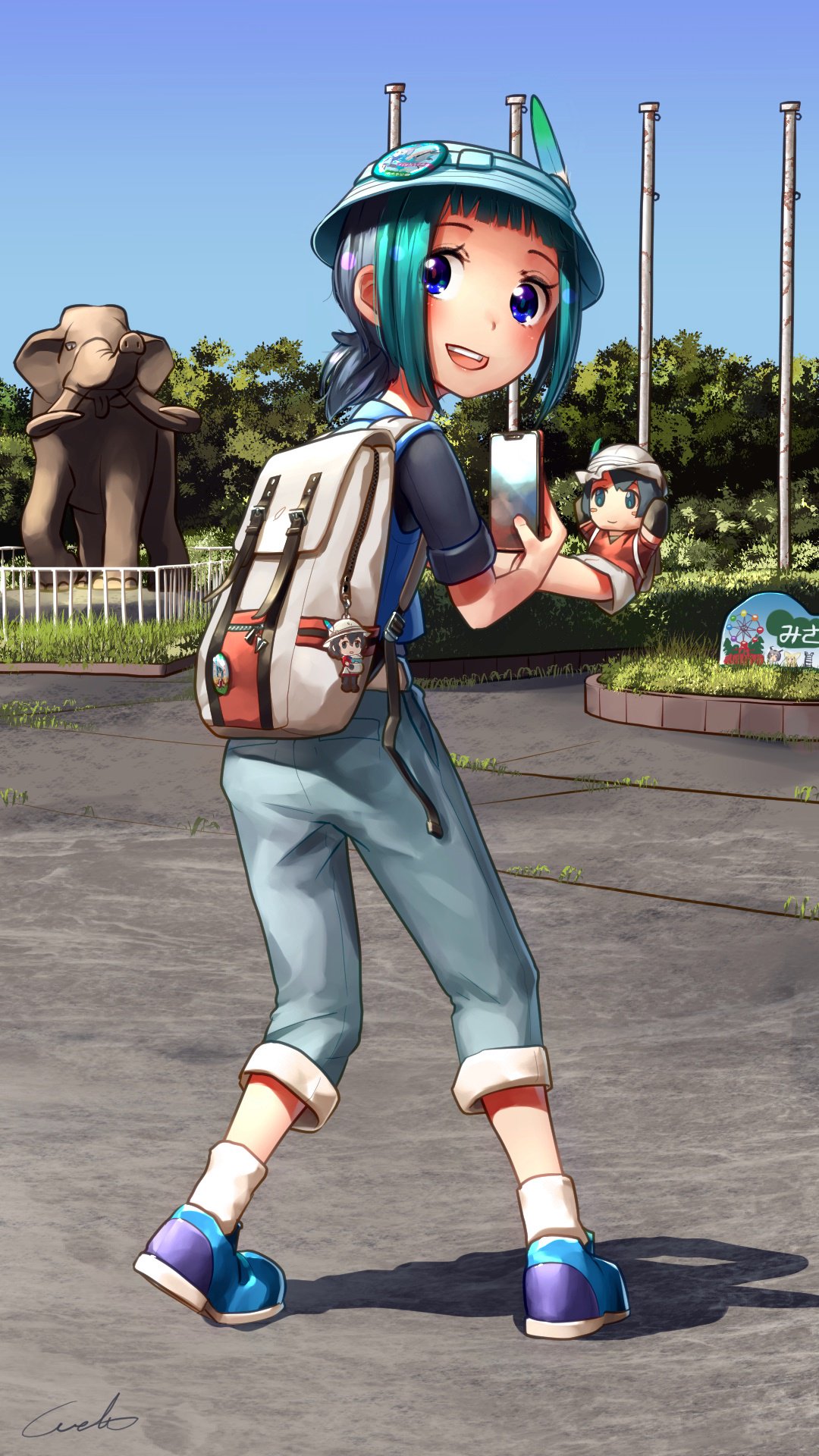 1girl :d backpack badge bag bangs black_shirt blue_eyes blue_sky blue_vest blunt_bangs cellphone character_doll commentary day elephant full_body green_hair grey_pants hand_puppet hat highres kaban_(kemono_friends) kemono_friends kyururu_(kemono_friends) legs_apart looking_at_viewer looking_back multicolored_hair open_mouth outdoors pants park phone puppet shirt shoes short_hair short_ponytail short_sleeves signature sky smile socks solo tree two-tone_hair vest welt_(kinsei_koutenkyoku)