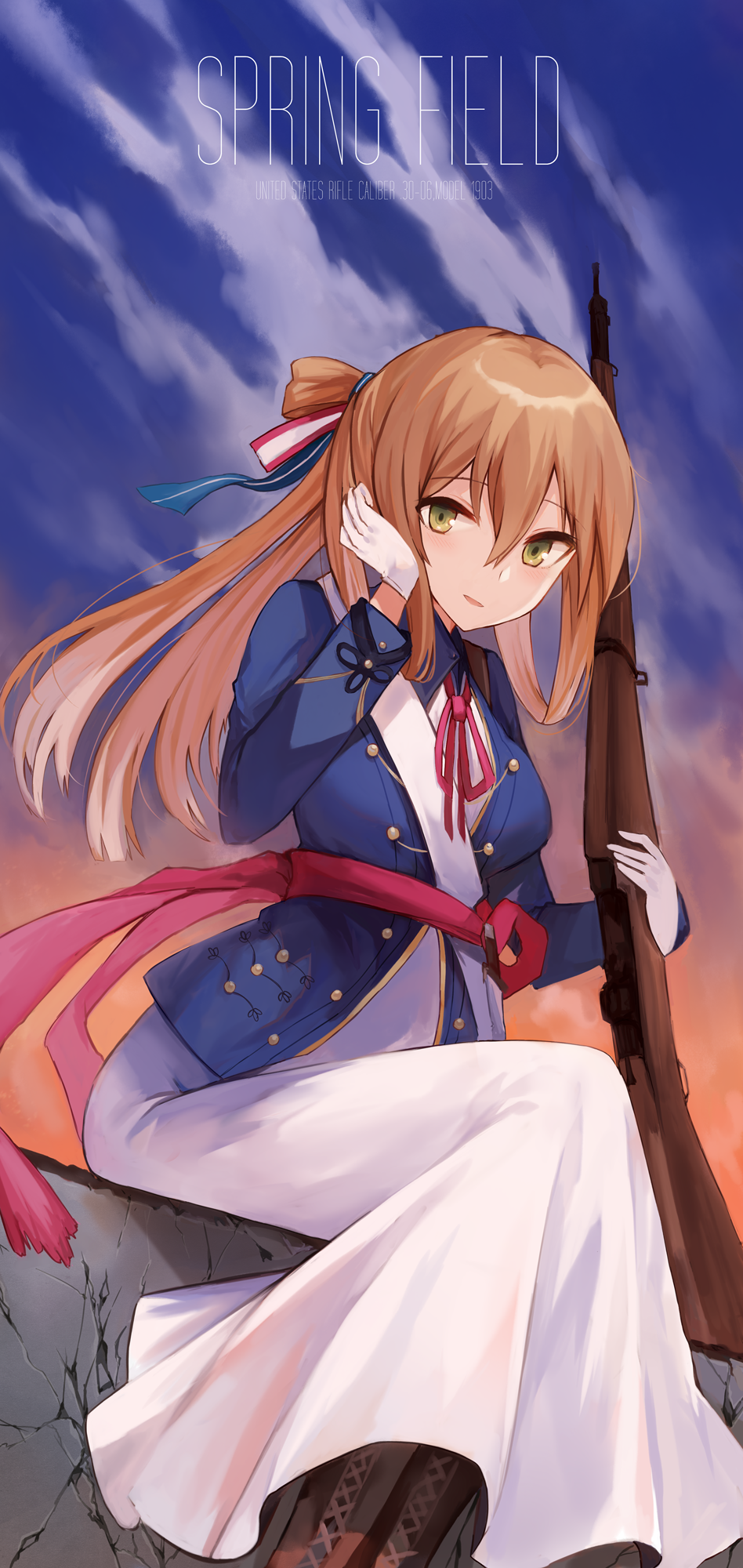 1girl bangs blue_jacket blue_sky blush boots breasts brown_footwear brown_hair character_name clouds cloudy_sky commentary_request dress eyebrows_visible_through_hair girls_frontline gloves green_eyes gun hair_between_eyes hand_up highres holding holding_gun holding_weapon jacket kinona long_hair m1903_springfield m1903_springfield_(girls_frontline) medium_breasts object_namesake one_side_up outdoors parted_lips sitting sky solo sunset very_long_hair weapon white_dress white_gloves
