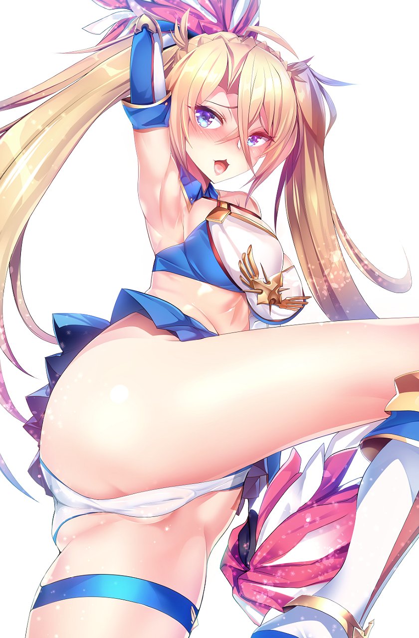adapted_costume arm_up armpits bikini_top blonde_hair blue_eyes blush boots bradamante_(fate/grand_order) braid cheerleader crown_braid elbow_gloves fate/grand_order fate_(series) gloves highres miniskirt open_mouth panties pom_poms silly_(marinkomoe) simple_background skirt twintails underwear white_background