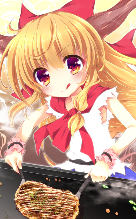 1girl :q bangs belt blush bow commentary_request cooking enjoy_mix food hair_bow holding holding_spatula horns ibuki_suika long_hair looking_at_viewer neckerchief okonomiyaki orange_eyes orange_hair red_bow red_neckwear shirt sidelocks sleeveless sleeveless_shirt solo spatula steam tongue tongue_out torn_clothes torn_sleeves touhou v-shaped_eyebrows white_shirt wrist_cuffs