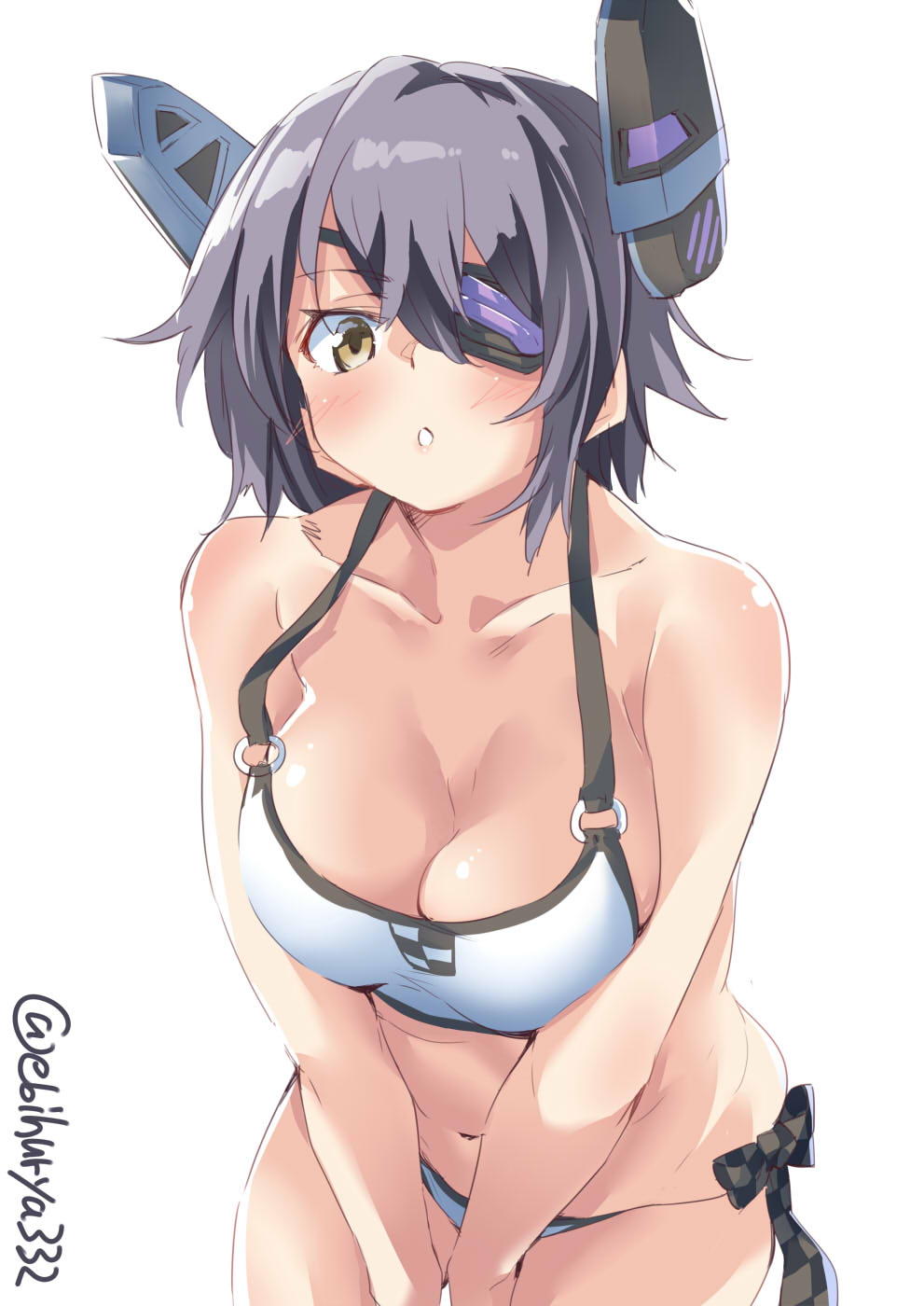 1girl between_legs bikini blush breasts brown_eyes commentary_request ebifurya eyebrows_visible_through_hair eyepatch hand_between_legs headgear highres kantai_collection large_breasts leaning_forward looking_at_viewer purple_hair short_hair simple_background solo swimsuit tenryuu_(kantai_collection) twitter_username white_background white_bikini