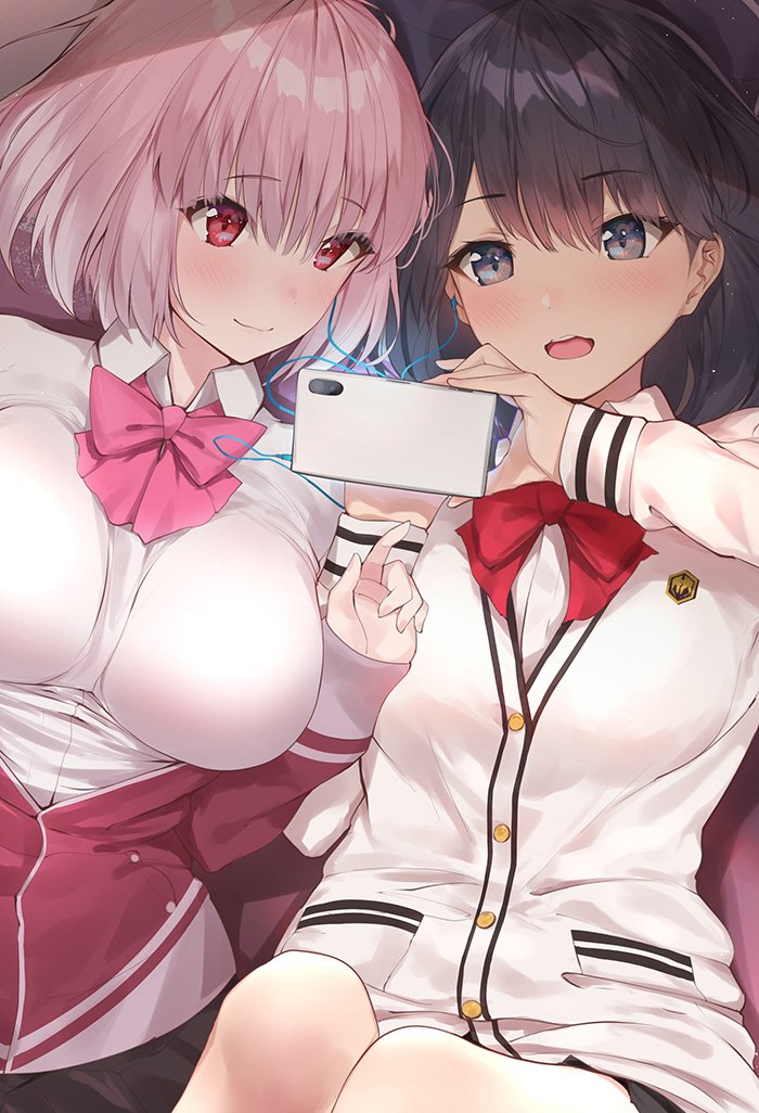 2girls bangs black_hair black_skirt blue_eyes blush bow bowtie breasts buttons cellphone closed_mouth collared_shirt earphones jacket large_breasts lavender_hair long_hair long_sleeves looking_at_viewer multiple_girls off_shoulder open_mouth phone pink_neckwear purple_jacket red_bow red_neckwear school_uniform shinjou_akane shirt skirt small_breasts smile ssss.gridman sweater takarada_rikka thighs white_shirt white_sweater yaman zipper_pull_tab