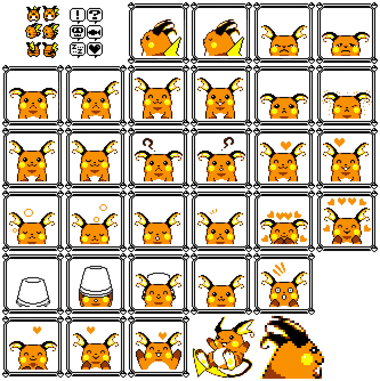 ! :3 :o ? ^_^ blush_stickers bucket bucket_on_head closed_eyes closed_eyes commentary creatures_(company) english_commentary game_freak gen_1_pokemon happy heart highres jumping looking_at_viewer looking_away lovux-the-great nintendo no_humans object_on_head official_style pixel_art pokemon pokemon_(game) pokemon_rgby raichu resized sad scared skull sleeping upscaled