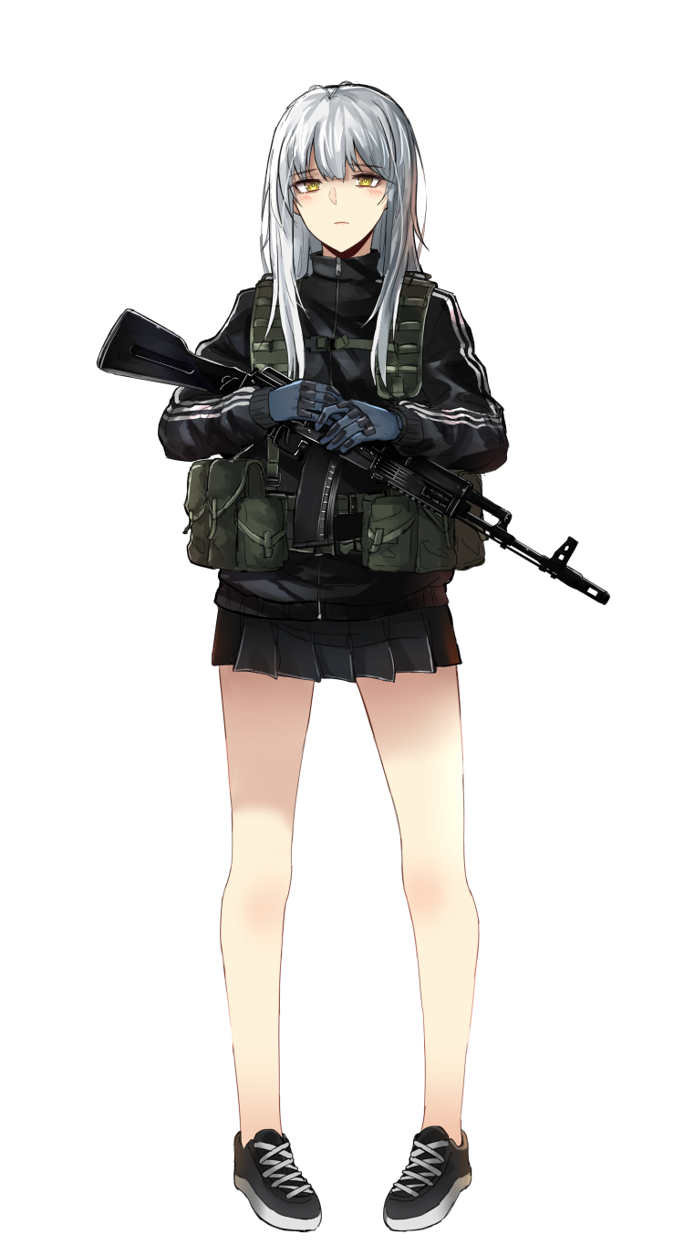 1girl ak-74m assault_rifle bare_legs full_body gloves gun highres holding holding_gun holding_weapon jacket load_bearing_equipment long_hair miniskirt ole1942 original pleated_skirt rifle silver_hair skirt solo track_jacket weapon white_background yellow_eyes