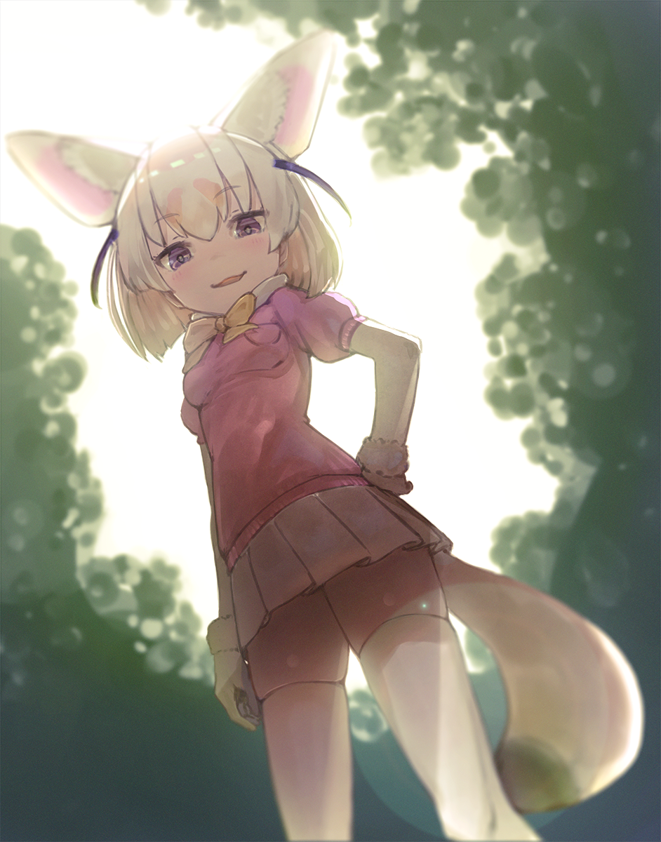 1girl animal_ears blonde_hair blush bow bowtie elbow_gloves eyebrows_visible_through_hair fennec_(kemono_friends) fox_ears fox_tail from_below fur_trim gloves hand_on_hip highres kakura_mina kemono_friends looking_at_viewer pleated_skirt puffy_short_sleeves puffy_sleeves short_hair short_sleeves skirt smug solo sweater tail thigh-highs zettai_ryouiki