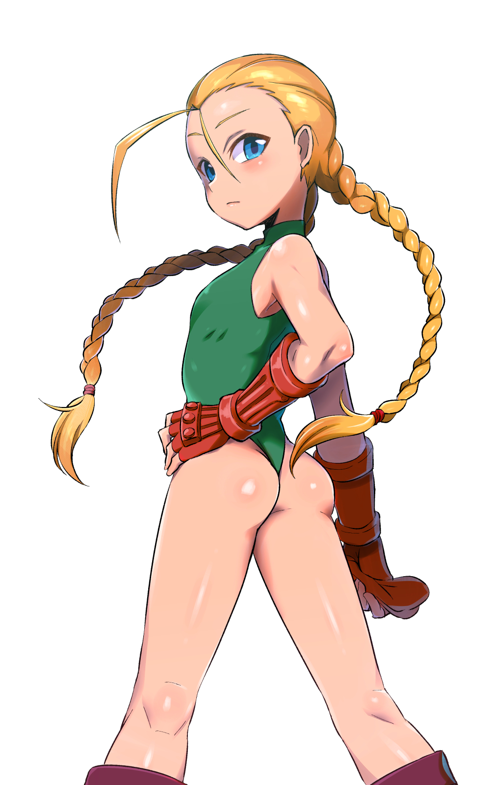 1girl ahoge ass blonde_hair blue_eyes braid cammy_white commentary fingerless_gloves flat_chest gloves green_leotard highres huge_ahoge kneepits konboi-eg leotard looking_back solo street_fighter thong_leotard twin_braids younger