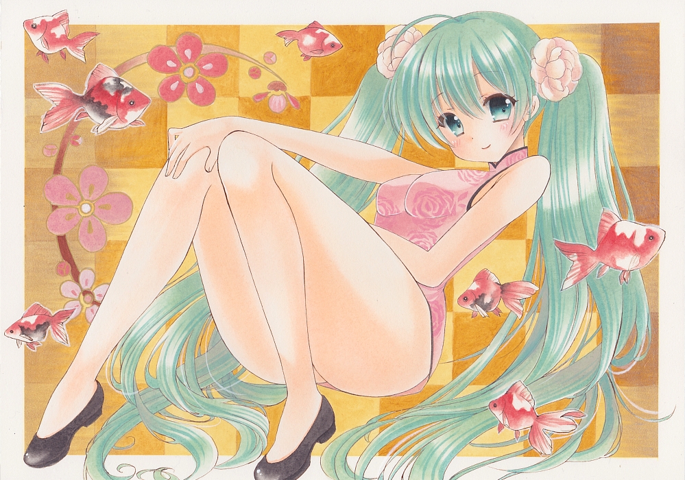 1girl acrylic_paint_(medium) aqua_hair black_footwear checkered checkered_background eyebrows_visible_through_hair fish floral_print flower full_body green_eyes hair_between_eyes hair_flower hair_ornament hand_on_own_knee hatsune_miku long_hair looking_at_viewer lying on_back pink_flower pink_shirt pom77 print_shirt pumps rose_print shiny shiny_hair shirt sleeveless sleeveless_shirt smile solo traditional_media twintails very_long_hair vocaloid