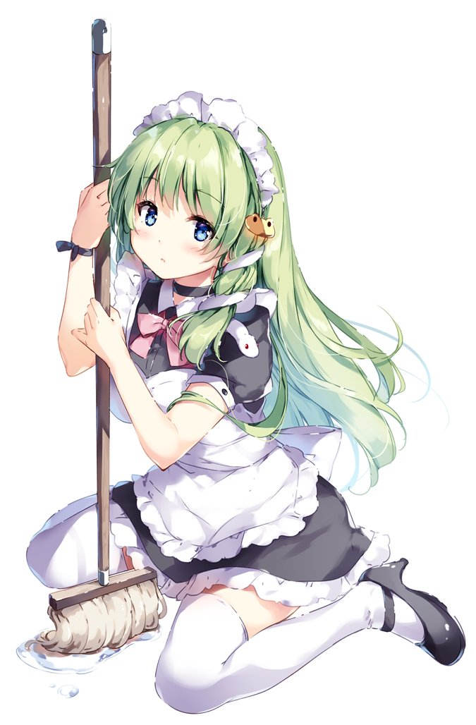 1girl alternate_costume alternate_outfit apron black_shoes blue_hair blush bowtie choker frills frog_hair_ornament green_hair highheels kochiya_sanae long_hair maid maid_headwear miyase_mahiro mop red_ribbon ribbon shoes sitting snake_hair_ornament thigh-highs touhou water white_legwear