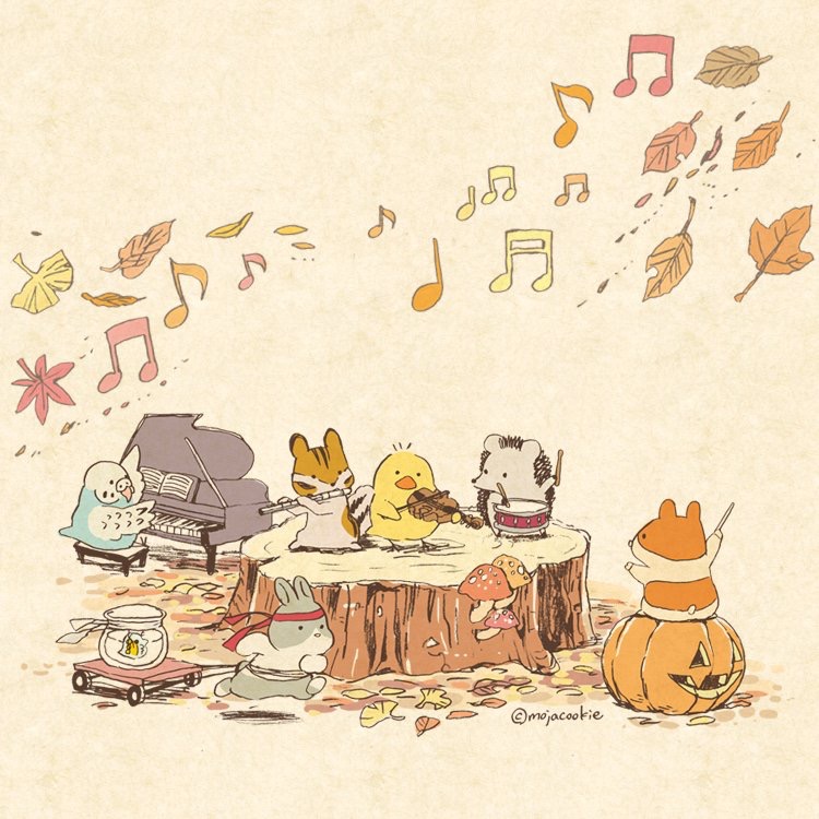 autumn autumn_leaves baton_(instrument) bird chick chipmunk commentary_request drum drumsticks fish fishbowl flute hamster headband holding holding_instrument instrument jack-o'-lantern leaf looking_at_another mojacookie mushroom music musical_note no_humans original piano playing_instrument porcupine rabbit red_headband running sepia_background signature simple_background squirrel standing tree_stump violin wind