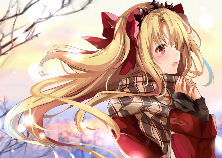 1girl :d bangs bare_tree black_shirt blonde_hair brown_scarf coat commentary_request day ereshkigal_(fate/grand_order) eyebrows_visible_through_hair fate/grand_order fate_(series) floating_hair from_side hair_ornament hair_ribbon hairband hands_up long_hair long_sleeves open_mouth outdoors plaid plaid_scarf pon_(ponidrop) red_coat red_eyes red_ribbon ribbon scarf shirt sidelocks sleeves_past_wrists smile snowing solo tareme tree tree_branch two_side_up upper_body winter_clothes