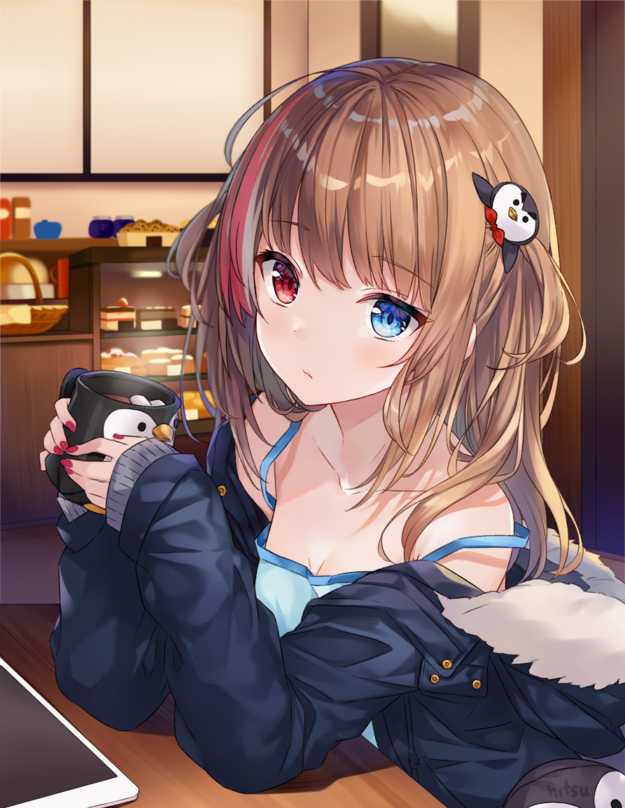 1girl artist_name bangs bare_shoulders blue_camisole blue_eyes blue_jacket breasts brown_hair camisole cleavage collarbone cup eyebrows_visible_through_hair fur-trimmed_jacket fur_trim hair_between_eyes hair_ornament heterochromia hitsukuya holding holding_cup jacket long_hair long_sleeves looking_at_viewer looking_to_the_side mug multicolored_hair off_shoulder original outdoors penguin_hair_ornament red_eyes redhead signature sleeves_past_wrists small_breasts snow solo streaked_hair white_hair