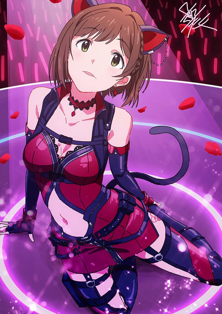 1girl animal_ears arm_support blue_gloves blue_legwear blue_sleeves braid breasts brown_eyes brown_hair cat_ears cat_tail choker cleavage collarbone detached_sleeves dress earrings fingerless_gloves french_braid gloves idolmaster idolmaster_cinderella_girls jewelry long_sleeves looking_up maekawa_miku medium_breasts midriff navel navel_cutout petals red_dress shiny shiny_hair short_dress short_hair sleeveless sleeveless_dress solo stage stomach tail taku1122