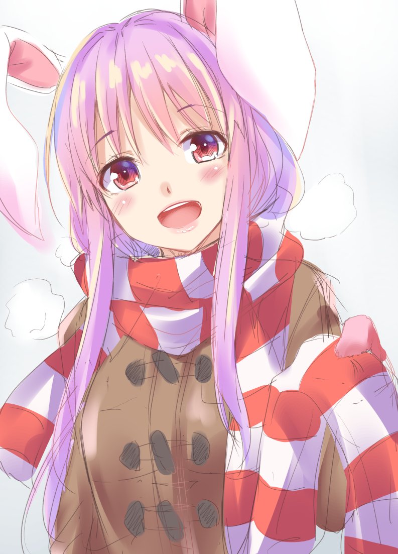 1girl animal_ears bangs blush breasts breath brown_jacket commentary_request enpera eyebrows_visible_through_hair gloves gradient gradient_background grey_background hair_between_eyes hand_up head_tilt holding holding_scarf jacket kue large_breasts long_hair long_sleeves looking_at_viewer open_mouth pink_gloves purple_hair rabbit_ears red_eyes red_scarf reisen_udongein_inaba scarf sidelocks sketch smile solo striped striped_scarf touhou upper_body white_scarf work_in_progress